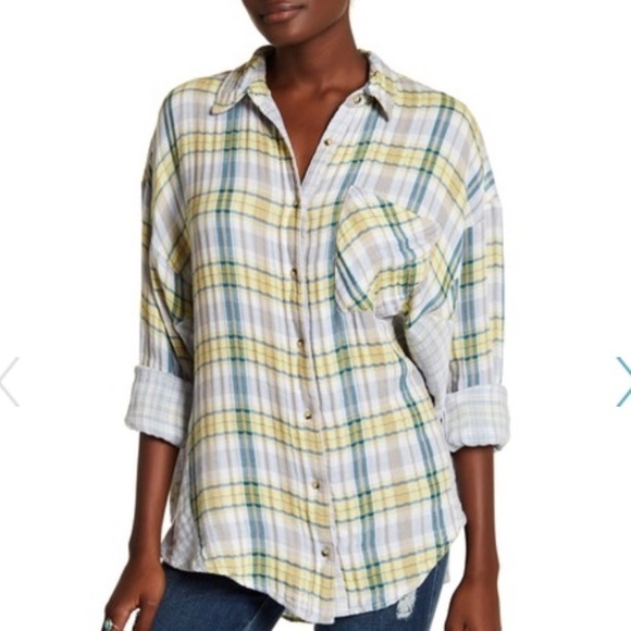 [Free People] Long Dolman Sleeve Plaid Shirt